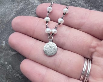 Sterling Silver Pearl Necklace | Wire-wrapped Pearls with Hammered Silver Pebble Pendant