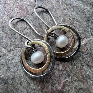 Sterling Silver Mixed Metal Pearl Earrings Genuine Pearls in Hammered Silver and Brass Dangle Earrings image 5