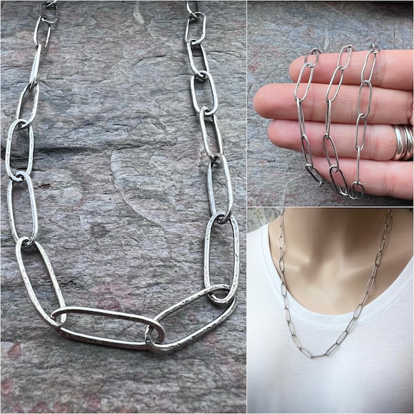 Sterling Silver Handmade Elongated Cable Chain with Handmade Hook Clasp