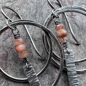 Sterling Silver Sunstone Earrings Natural Stone Hammered Silver Hoop Earrings Handmade Jewelry Unique Gift for Her image 5