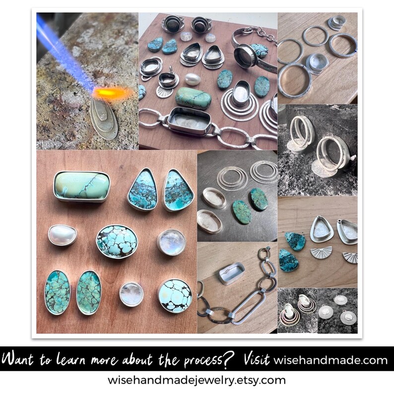 May include: A collage of handmade jewelry components and finished pieces. The image features turquoise stones, silver rings, and a chain. A jeweler's torch is used on a piece. The text reads: "Want to learn more about the process? Visit wisehandmade.com".