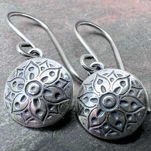 Sterling Silver Small Flower Medallion Earrings | Stamped Silver Circle Dangles