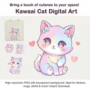 Può includere: Opera d'arte digitale di un gatto Kawaii con una combinazione di colori arcobaleno pastello. L'immagine include una maglietta, adesivi e una tazza con lo stesso design del gatto. Il gatto ha grandi occhi e fiocchi.