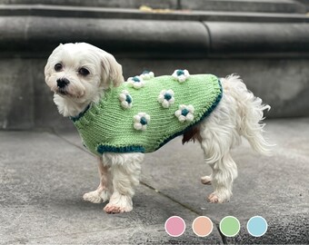 Handgemaakte hondentrui met bloemenpompoen – gebreide wintertrui voor kleine honden, 4 kleuren