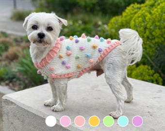 Pastelkleurige hondentrui met regenboog pompon – handgemaakte gebreide hondentrui, aangepaste rib 7 kleuren
