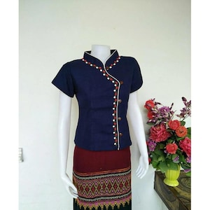 Plus Size Thai Lanna Blouse - Thai Traditional Cotton Top - Thai Shirt - Cotton Shirt -Chest 44&quot;-52&quot;