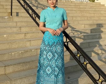 Bust 34"-40" - Traditional Thai Lanna Dress – Handmade Cotton Top & Ethnic Pattern Skirt Set