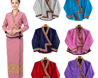 バスト36～44インチ、タイ伝統コットンラップブラウス、ランナーチャオナンシャツ、西双版納スタイルトップス、ボヘミアンVネックタイサイドシャツ