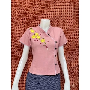 Thai Lanna Blouse - Thai Traditional Cotton Top - Thai Shirt - Cotton Shirt -Chest 36&quot;-42&quot;