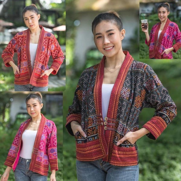 Traditionelles thailändisches Lanna Baumwoll Top - Crop Jacke - Baumwoll Hemd - Brustumfang 111 cm
