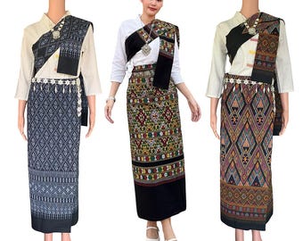 Ensemble salong thaïlandais + sabai - salong en coton - taille libre - salong asiatique - style lanna - couleur noire