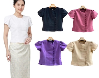 Blusa tailandesa Lanna - Top tradicional tailandés de algodón - Camisa tailandesa - Camisa de algodón - Pecho de 86 a 117 cm - Disponible en nueve colores