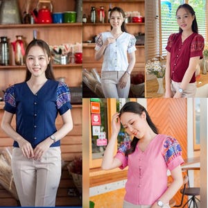 Thai Lanna Blouse - Thai Traditional Cotton Top - Thai Shirt - Cotton Shirt -Chest 34-42"”