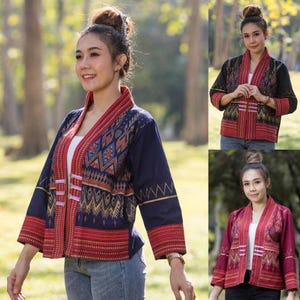 Thai Lanna Blouse - Thai Traditional Cotton Top - Crop Jacket - Cotton Shirt - Chest 44"