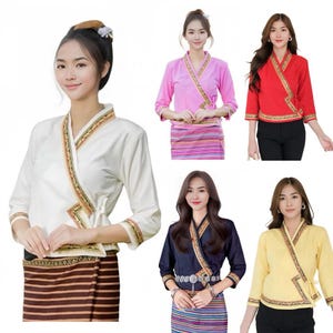 Thai Lanna Blouse - Thai Traditional Cotton Top - Thai Shirt - Cotton Shirt -Chest 34&quot;-42&quot;