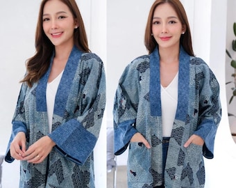 Chaqueta kimono yukata tailandesa de algodón lanna índigo - Suave y transpirable / Haori unisex con bolsillos / Tejido tailandés hecho a mano - Pecho: 132 cm