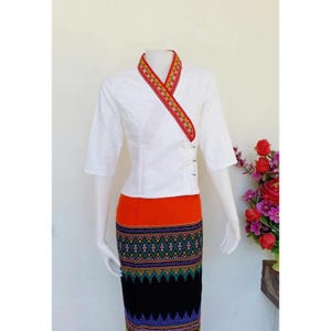 Plus Size Thailändsk Lanna-blus - Traditionell thailändsk bomullstopp - Thailändsk skjorta - Bomullsskjorta - Bröstvidd 102-136 cm
