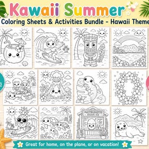 以下が含まれることがあります： ハワイをテーマにしたKawaii Summer塗り絵とアクティビティのセット。ココナッツドリンク、サーファー、ティキ、火山、パイナップル、ウミガメなどが描かれた40ページの白黒イラストが含まれています。