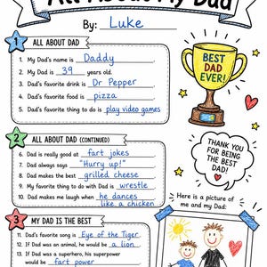 May include: A Father's Day questionnaire titled All About My Dad with handwritten answers by Luke. The document features a gold trophy illustration, a child's drawing of two people, and numbered prompts about a father's favorites and traits.