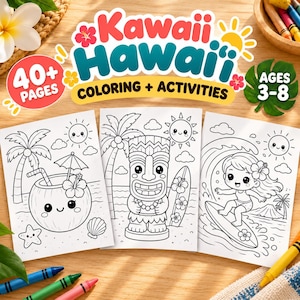 Hawaii Coloring Book for Kids | Kawaii Coloring & Activity Bundle, 40+ Pages, Ages 3–8