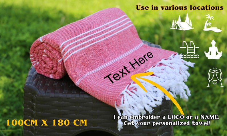 May include: A rolled red towel with white stripes and fringe, measuring 39 inches by 71 inches. The towel is displayed on a dark brown surface, with text that says "Text Here". The image also includes icons for various locations.