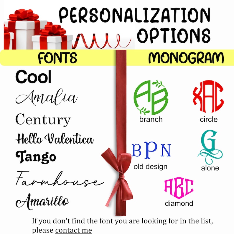 May include: Image showcasing personalization options, including fonts and monogram styles. Fonts include Cool, Amalia, and Tango. Monogram options feature branch, circle, and diamond designs. A red ribbon with a bow is present, along with gift boxes.