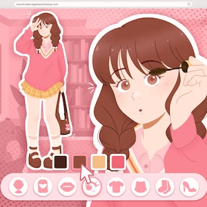 May include: A digital illustration of a dress-up game interface. The interface features a cartoon girl in a pink sweater and yellow skirt. The girl is applying mascara. The interface includes clothing and accessory options, and a website address.