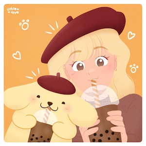 Pudding Puppy and Friend | 8 x 8 Inch Anime Art Print