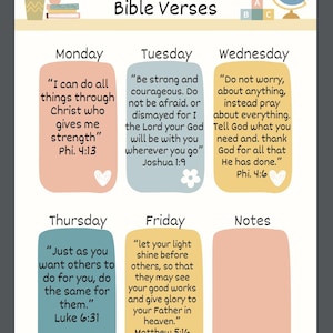 May include: A Back to School Bible Verses printable with daily inspirational quotes. The design features pastel-colored boxes for each day of the week, with text from the Bible. A sunflower, books, and a globe are also included.