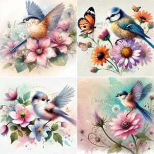 Lebhafte Vögel auf Blumen mit Schmetterling: 13 wunderschöne Bilder in 2 Größen - Perfekt für Junk Journals, Karten, Kunsthandwerk, Fantasy Digital Download