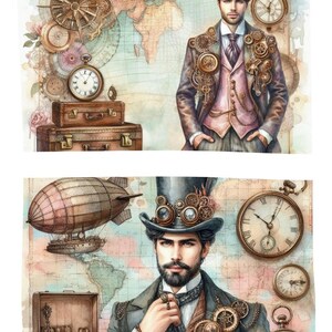 Steampunk Herren Shabby Chic Set: Journalseiten, Karten, Tags mit Taschenuhr, Kompass, Zahnräder, Koffer, Junk Journals, Handwerk, digitaler Download