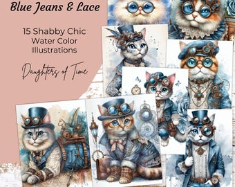 Clipart acquerello di gatti steampunk: immagini shabby chic stravaganti (download digitale)