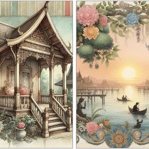 ZESTAW DO DZIENNIKA SHANGRI-La (część 3) – 18 kart do dziennika o tematyce mitycznej i orientalnej, rękodzieło, fantasy, pakiet papieru cyfrowego, smoki do druku, kwiaty