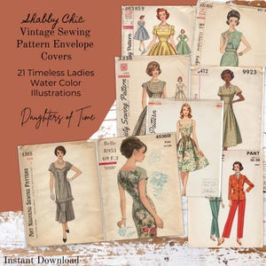 Può includere: Una collezione di buste per cartamodelli vintage con illustrazioni ad acquerello di vari abiti e un completo pantalone. Le buste mostrano numeri di modello, testo e diversi stili di abbigliamento, inclusi motivi floreali e colori a tinta unita.
