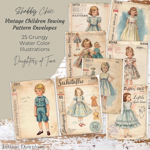May include: A collection of vintage children's sewing pattern envelopes with watercolor illustrations. The envelopes feature drawings of children in dresses and outfits. The text on the envelopes reads "Shabby Chic" and "Daughters of Time."