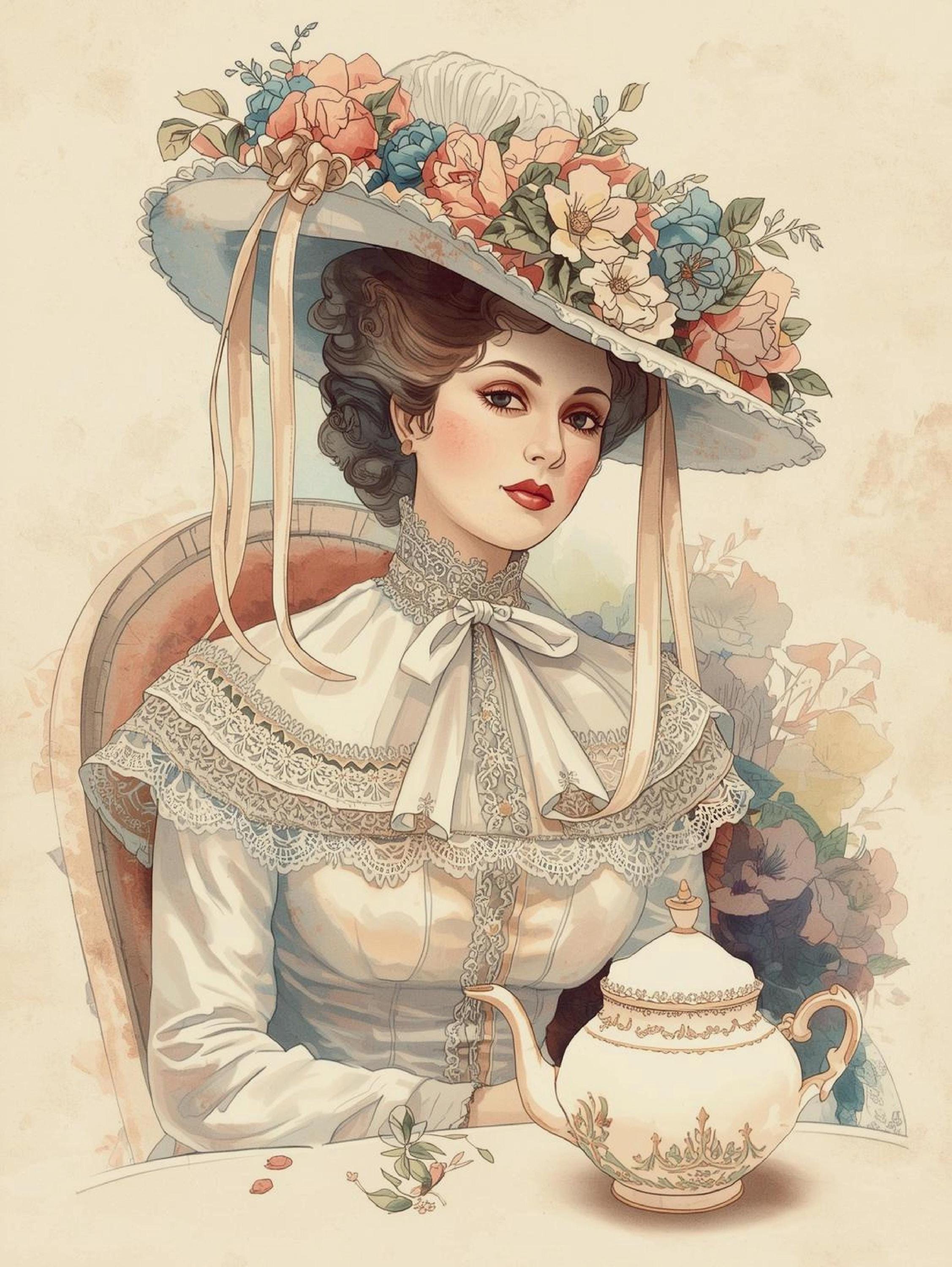 VICTORIAN HAT LADY Portrait Illustrations: Shabby Chic Watercolor Art ...