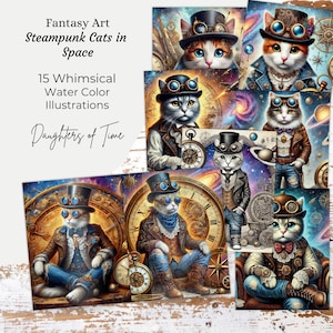 Steampunk-Katzen im Weltraum: Skurrile digitale Kunst Ephemera (Instant Download Printable), Handwerk, ClipArt