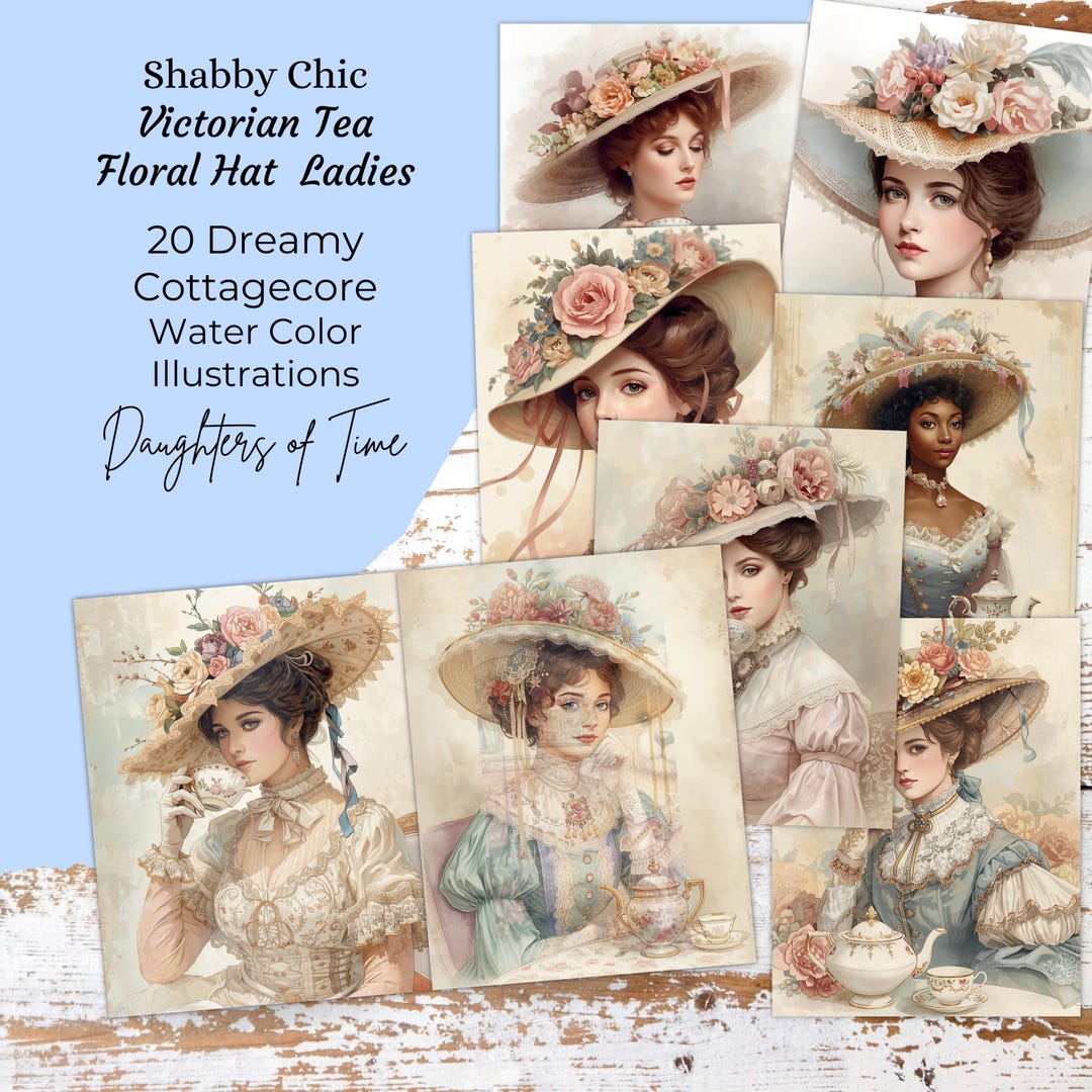 VICTORIAN TEA Floral HAT Lady Illustrations: Shabby Chic Watercolor Art ...