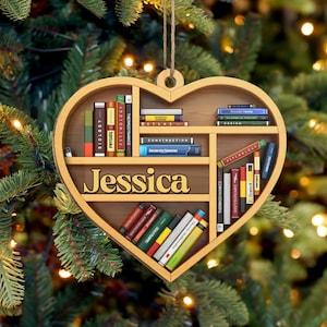 Personalized Bookshelf Layered Wood Ornament, Custom Book Christmas Tree Ornament, Book Christmas Home Decor, Xmas Gift for Book Lover