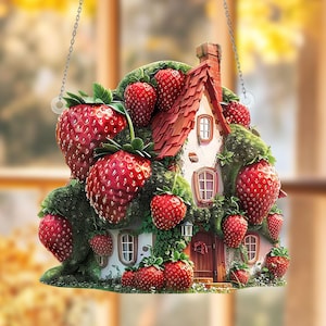 Strawberry House Acrylic Suncatcher, Fairy Cottage Window Hanging, Whimsical Fruit Suncatcher, Cute Garden Decor Gift Idea, Garden Fruit