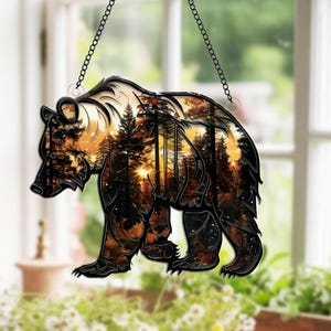 Bear Forest Sunset Suncatcher,Sunset Mountain Acrylic Window Hanging,Bear Decor,Cabin Rustic Nature Gift,Woodland Bear Art,Nature Lover Gift