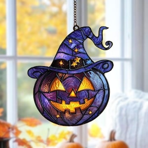 Jack-O&#39;-Lantern Witch Hat Suncatcher: Halloween Pumpkin Window Decor