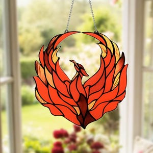Red Phoenix Suncatcher, Fiery Acrylic Window Hanging, Spiritual Rebirth Bird Ornamen, Flame Phoenix Home Decor, 2D Flat Decor, Mythical Art
