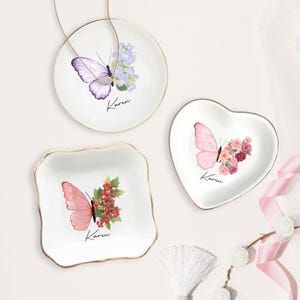 Shine Like A Butterfly, Butterfly Jewelry Dish with Custom Name, Personalized Ring Tray with Floral Design, Nature Inspired Gift for Women