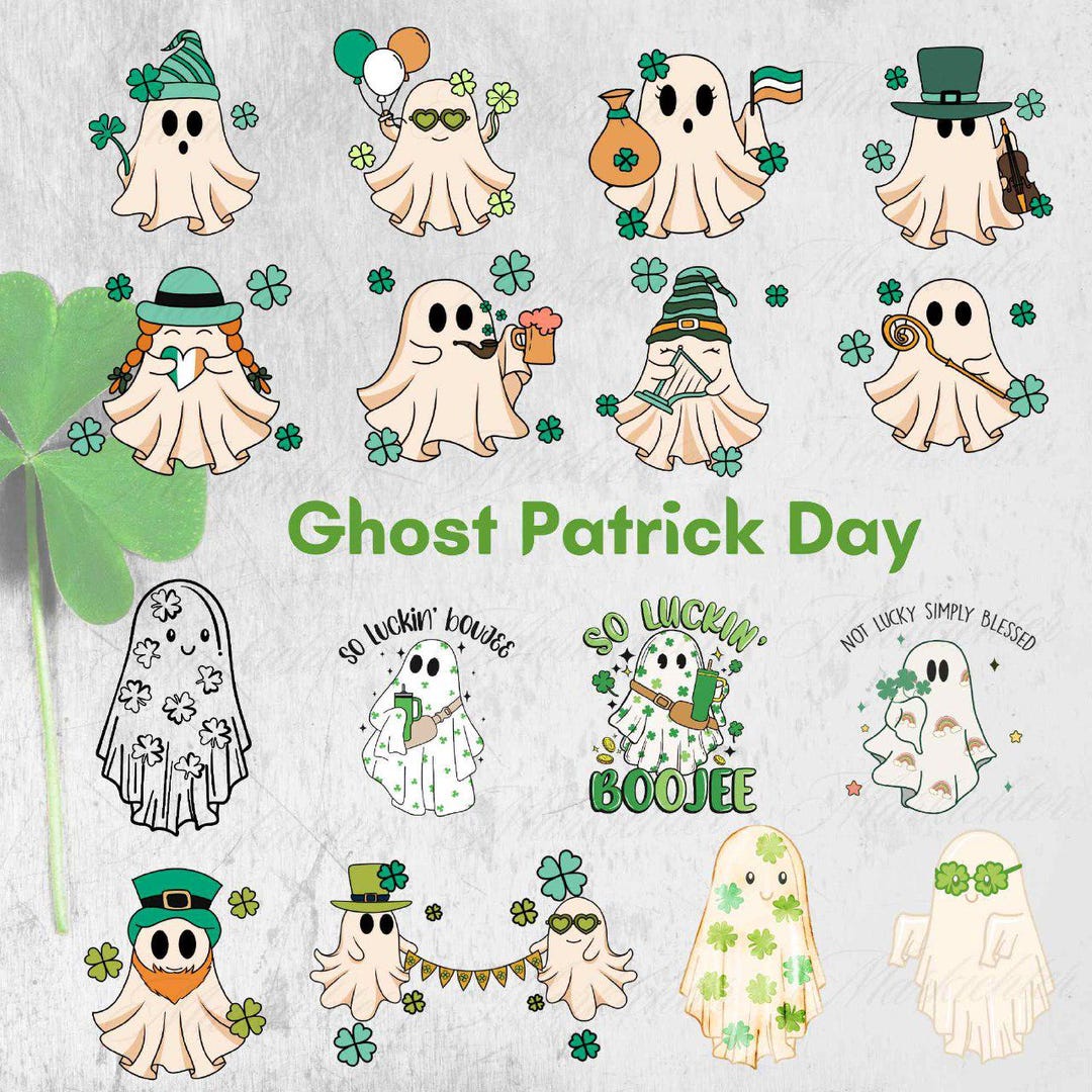Ghost Lucky Png Bundle, Cute Ghost St Patrick's Day Png, Patrick's Day