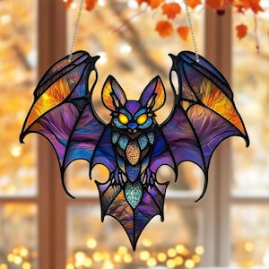 Gothic Faux Stained Glass Bat Suncatcher with Glowing Eyes, Halloween Gothic Window Hanging, Spooky Season Home Decor, Flying Bat Gift Idea