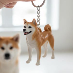 May include: A keychain featuring a small, detailed Shiba Inu dog figurine. The dog is tan and white, with a happy expression. The keychain is held up by a hand, with another Shiba Inu figurine blurred in the background.