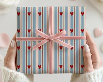 Retro Striped Hearts Wrapping Paper Valentines Day Gift Wrap Blue Red Vintage Inspired Present Wrapping Supplies