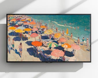 Samsung Frame TV-Kunstwerk mit Sonnenschirm am Küstenstrand: Vielseitige Meereslandschaft (Digitaler Download)