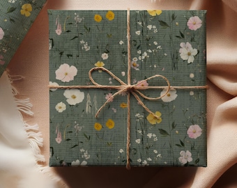Chic Boho Floral Wrapping Paper Dusty Green Gift Wrap Vintage Style Wrapping Sheets Natural Flower Design Birthday and Holiday Gift Box Wrap